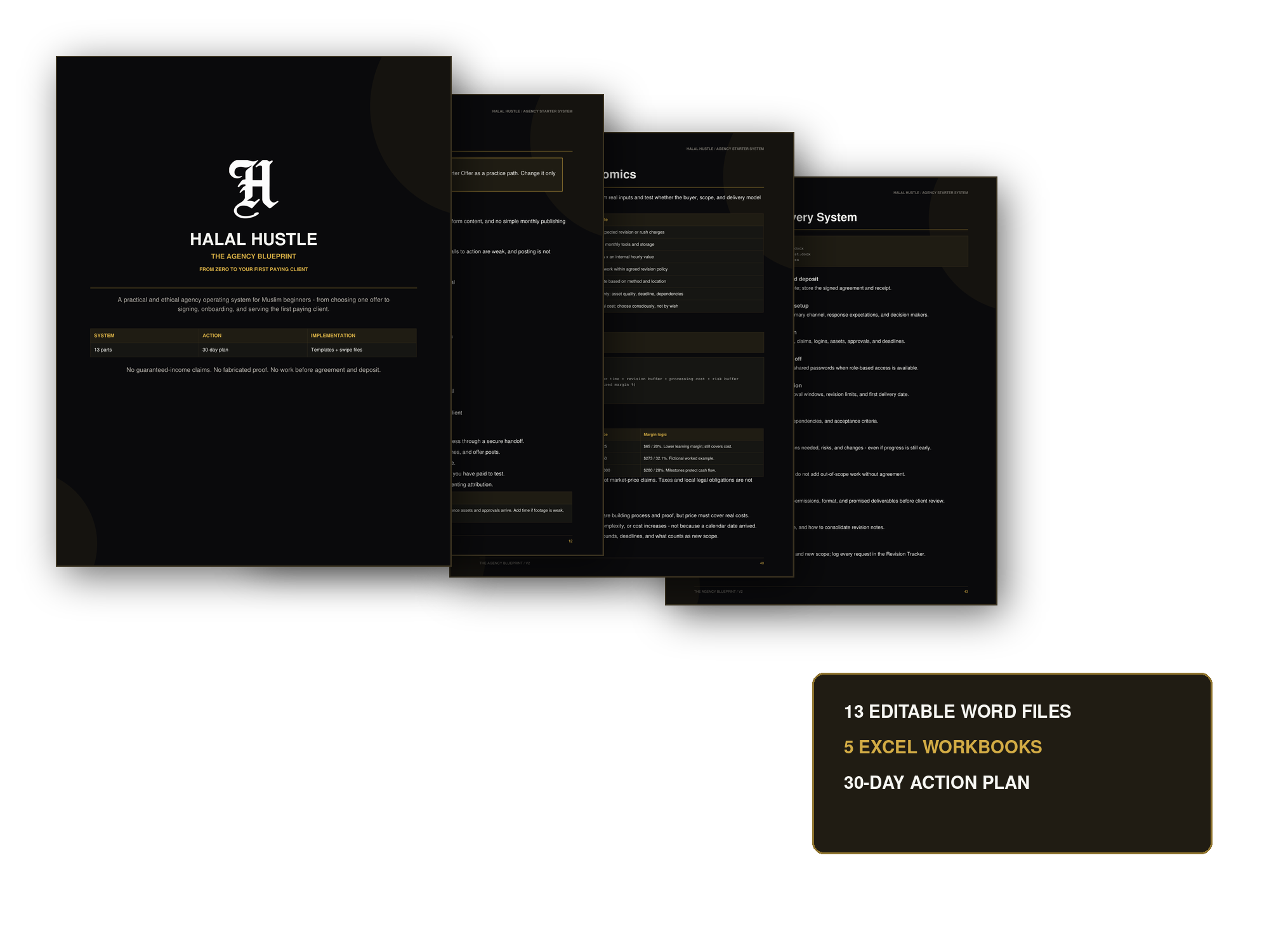 Main guide cover layered with real interior pages and labels for the editable Word and Excel tools.